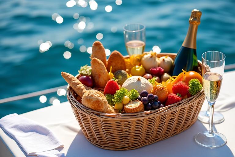 Panier gourmand de produits frais livré sur un yacht de luxe en Méditerranée