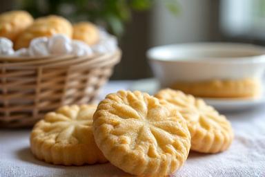 Assortiment de Canistrelli corses, plusieurs saveurs, sur une nappe en lin