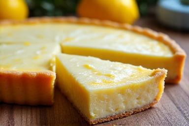 Photo d'un Fiadone corse, tarte au brocciu et au citron sur une table rustique