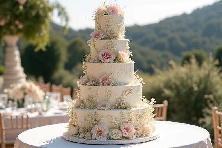 Gâteau de mariage élaboré avec décorations florales, Récif Gourmand